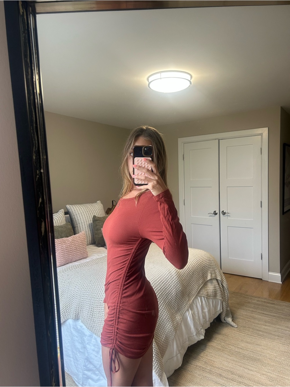 BB Dakota x Steve Madden Long-Sleeve Ruched Bodycon Dress in Rust